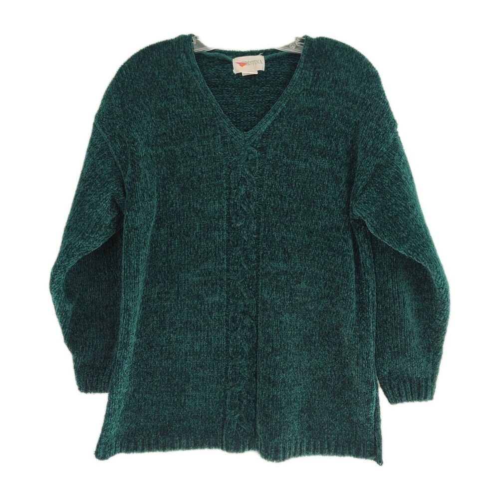 VTG Cristina Sweater Women's M Emerald Green V-Neck Long Sleeves Pullover